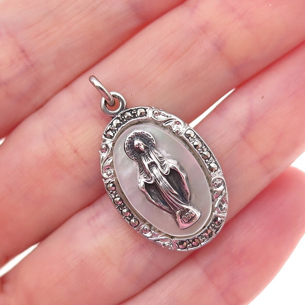 925 Sterling Silver Antique Art Deco Real MOP & Marcasite St. Mary Charm Pendant